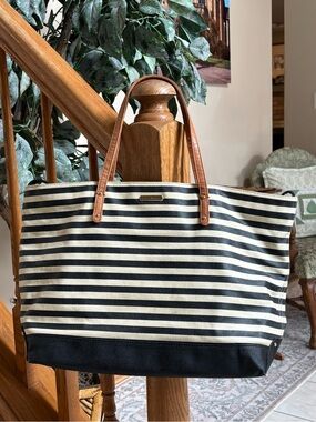 REBECCA MINKOFF $195 • 2016 Cherish Tote Navy Striped Canvas Leather Handles